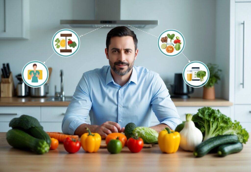 A thoughtful man in a modern kitchen or home office setting, surrounded by visual cues of keto for men elements such as plates of healthy fats and proteins. Include subtle icons or thought bubbles that illustrate common pitfalls—like a warning symbol for electrolyte imbalance, an overfilled protein shaker for excess protein, and a crossed-out carb icon for neglected fats. The setting should be clean and modern, conveying a sense of reflection and learning from m
