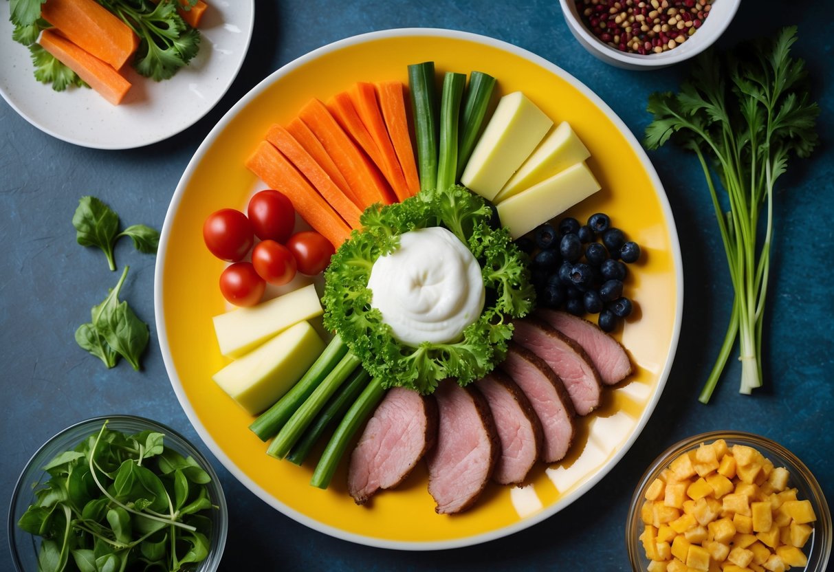 A colorful plate of various foods, including vegetables, meats, and healthy fats, arranged in a balanced and visually appealing manner