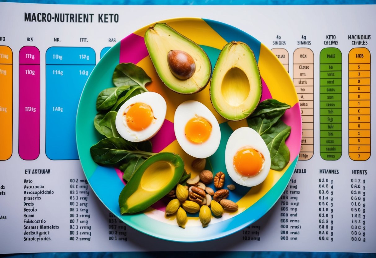 A colorful plate with a variety of keto-friendly foods, including avocados, eggs, nuts, and leafy greens, set against a backdrop of a macronutrient breakdown chart