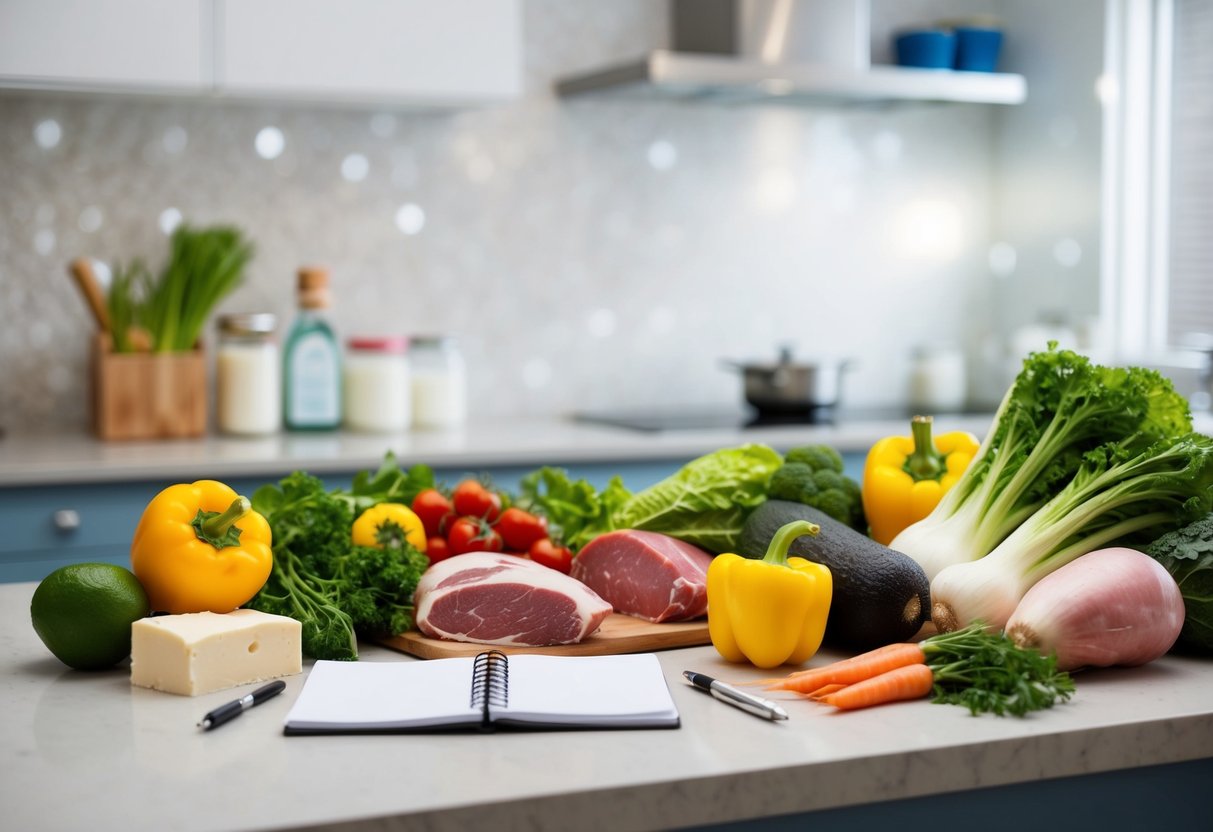 A kitchen counter with various fresh vegetables, meats, and dairy products laid out, alongside a notepad and pen for meal planning