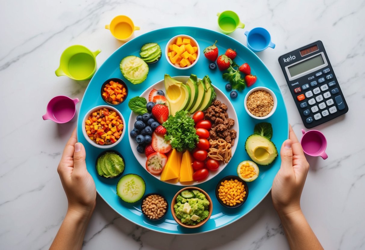 A colorful plate with various keto-friendly foods arranged in a visually appealing manner, surrounded by measuring cups and a calculator to represent customizing macros for a personalized keto diet