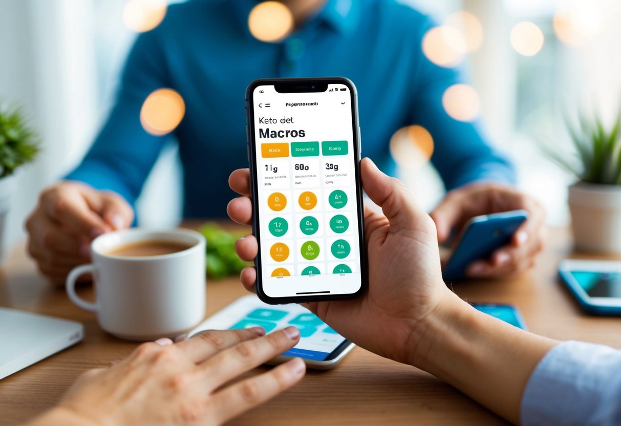 A person using a smartphone app to track their keto diet macros, surrounded by a supportive online community
