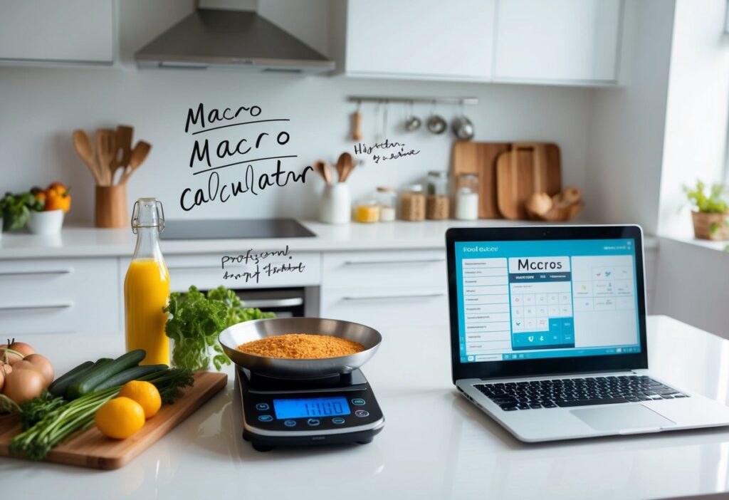 A modern, clean kitchen workspace with a digital food scale, a notepad with handwritten macros, fresh ingredients (avocados, eggs, leafy greens), and a laptop displaying a macro calculator. The lighting should be bright and inviting, conveying a sense of personalization, health, and scientific precision. No text or logos should be included.