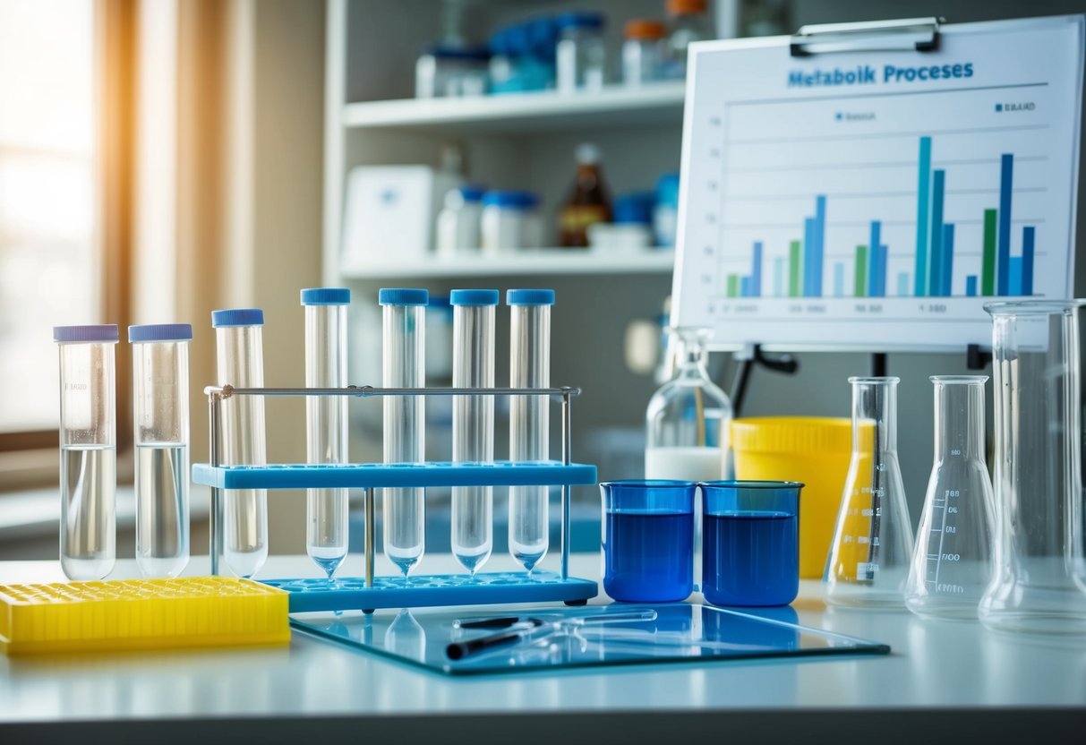 A laboratory setting with test tubes, beakers, and scientific equipment. A chart or graph showing metabolic processes