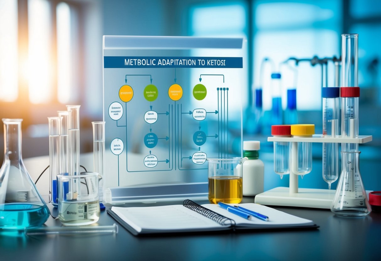 A laboratory setting with test tubes, beakers, and scientific equipment. A chart or diagram showing the process of metabolic adaptation to ketosis