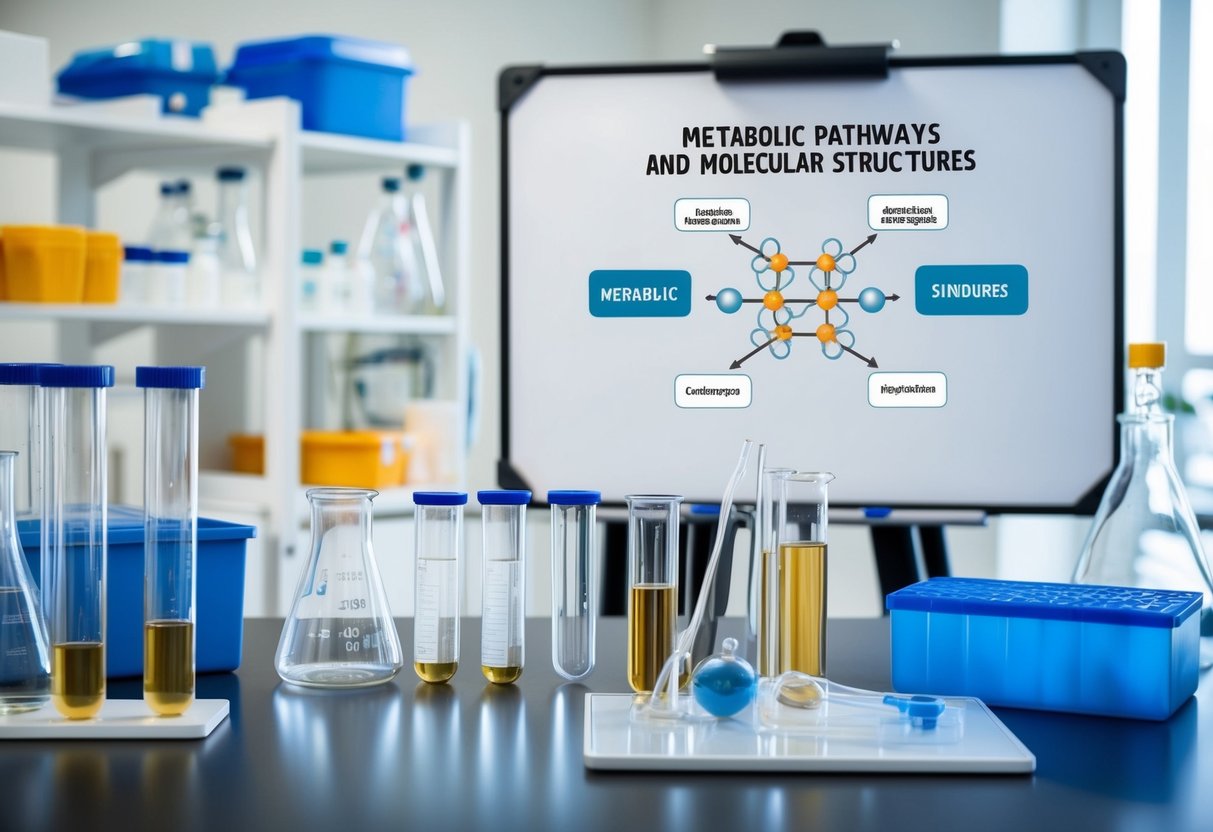 A laboratory setting with test tubes, beakers, and scientific equipment. A diagram of metabolic pathways and molecular structures on a whiteboard