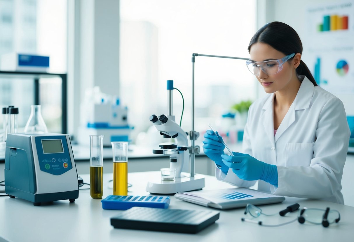 A laboratory setting with scientific equipment and charts, showcasing the process of metabolic adaptation and ketosis