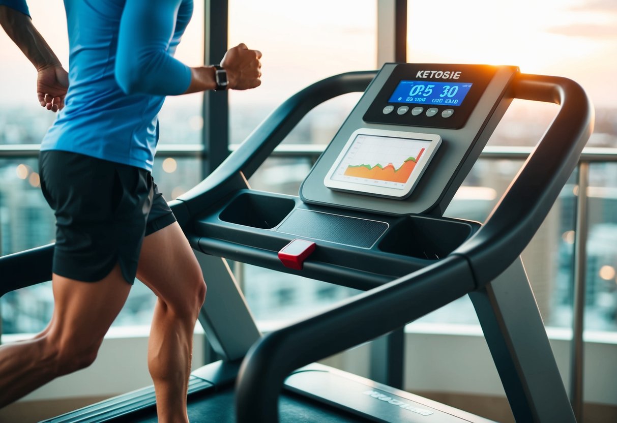 A person running on a treadmill with a ketosis meter and a chart showing metabolic adaptation