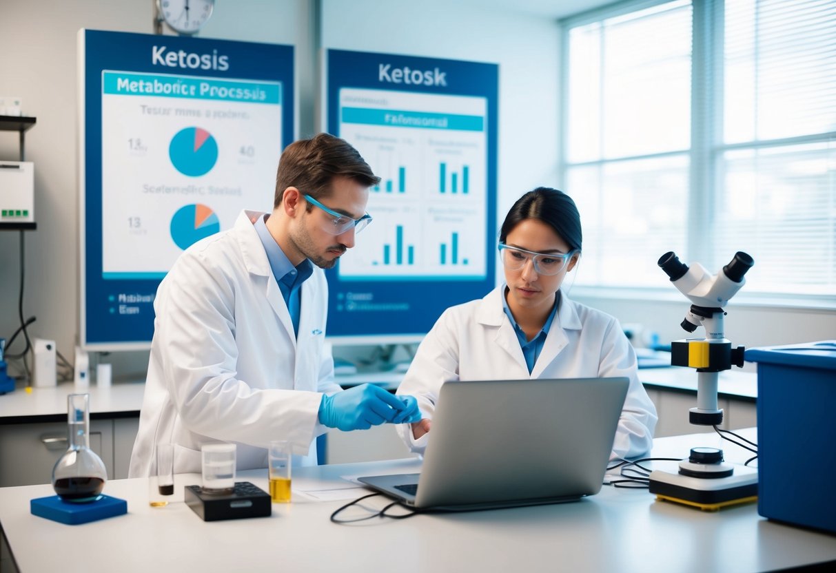 A laboratory setting with scientific equipment and charts showing metabolic processes. A researcher examines data while a test subject undergoes science of ketosis in a controlled environment