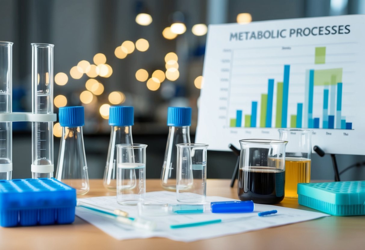 A laboratory setting with test tubes, beakers, and scientific equipment. A chart or graph showing metabolic processes