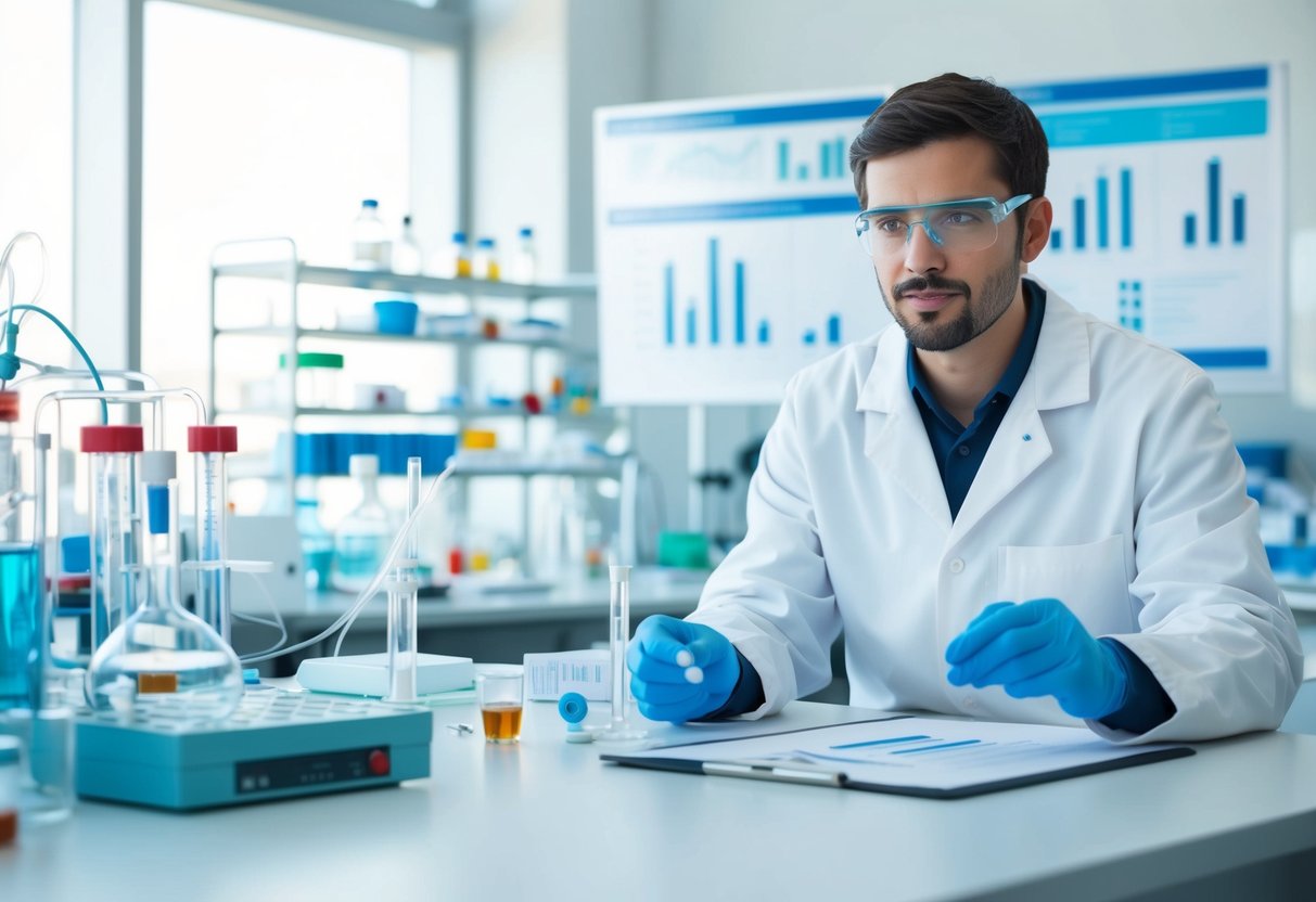 A lab setting with scientific equipment, charts, and graphs displaying metabolic processes