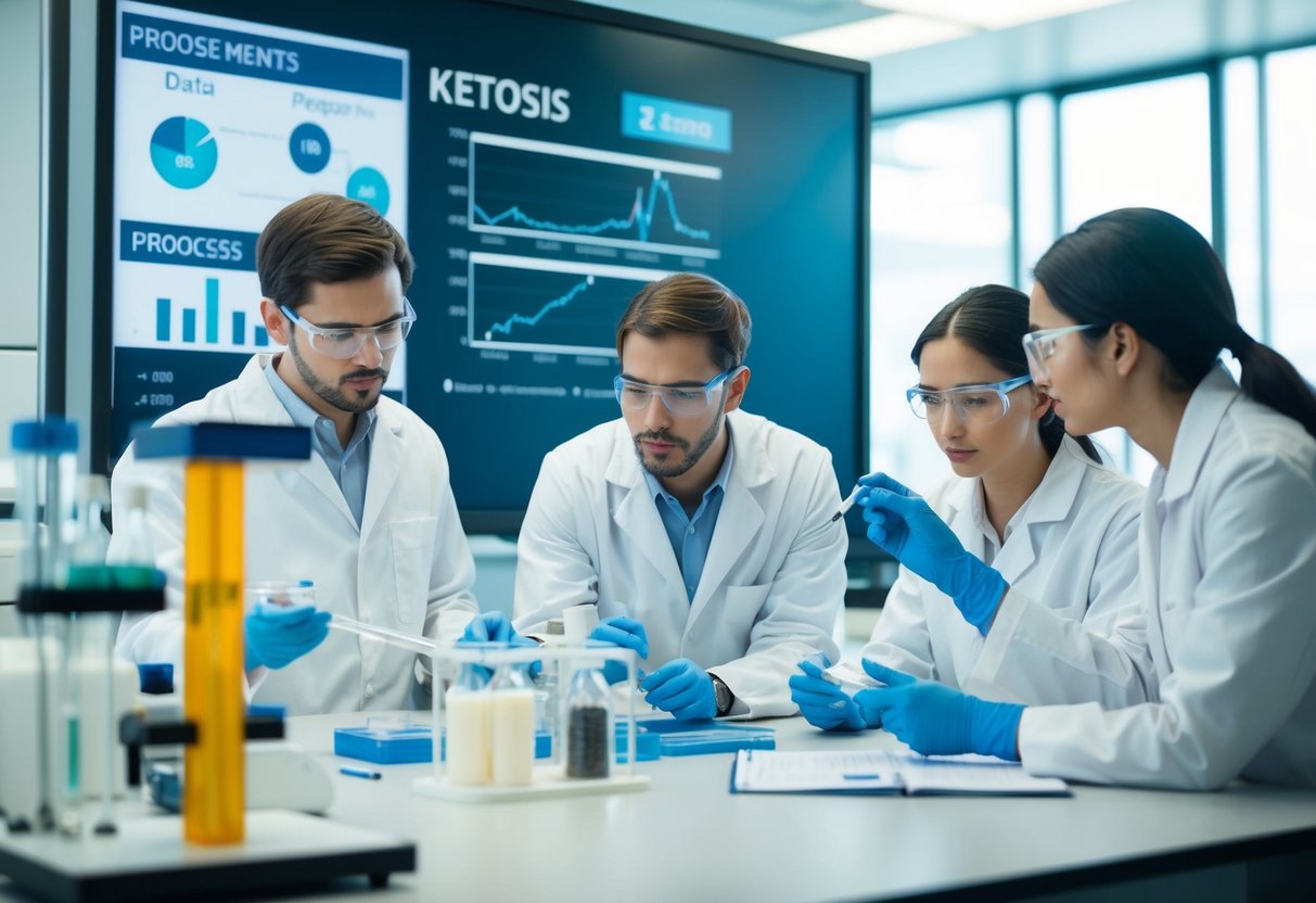 A laboratory setting with scientific equipment and charts displaying the process of ketosis. Researchers analyzing data and conducting experiments