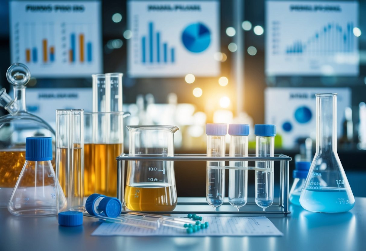 A laboratory setting with beakers, test tubes, and scientific equipment, surrounded by charts and graphs showing metabolic processes