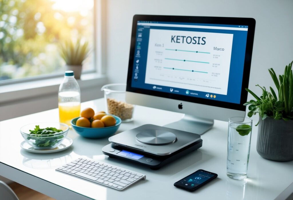 A modern, clean workspace with scientific elements: a digital food scale, a notepad with handwritten macros, and a computer displaying a diagram of ketosis. Include visual elements such as fresh ingredients (avocados, eggs, leafy greens) and a glass of water with electrolytes.