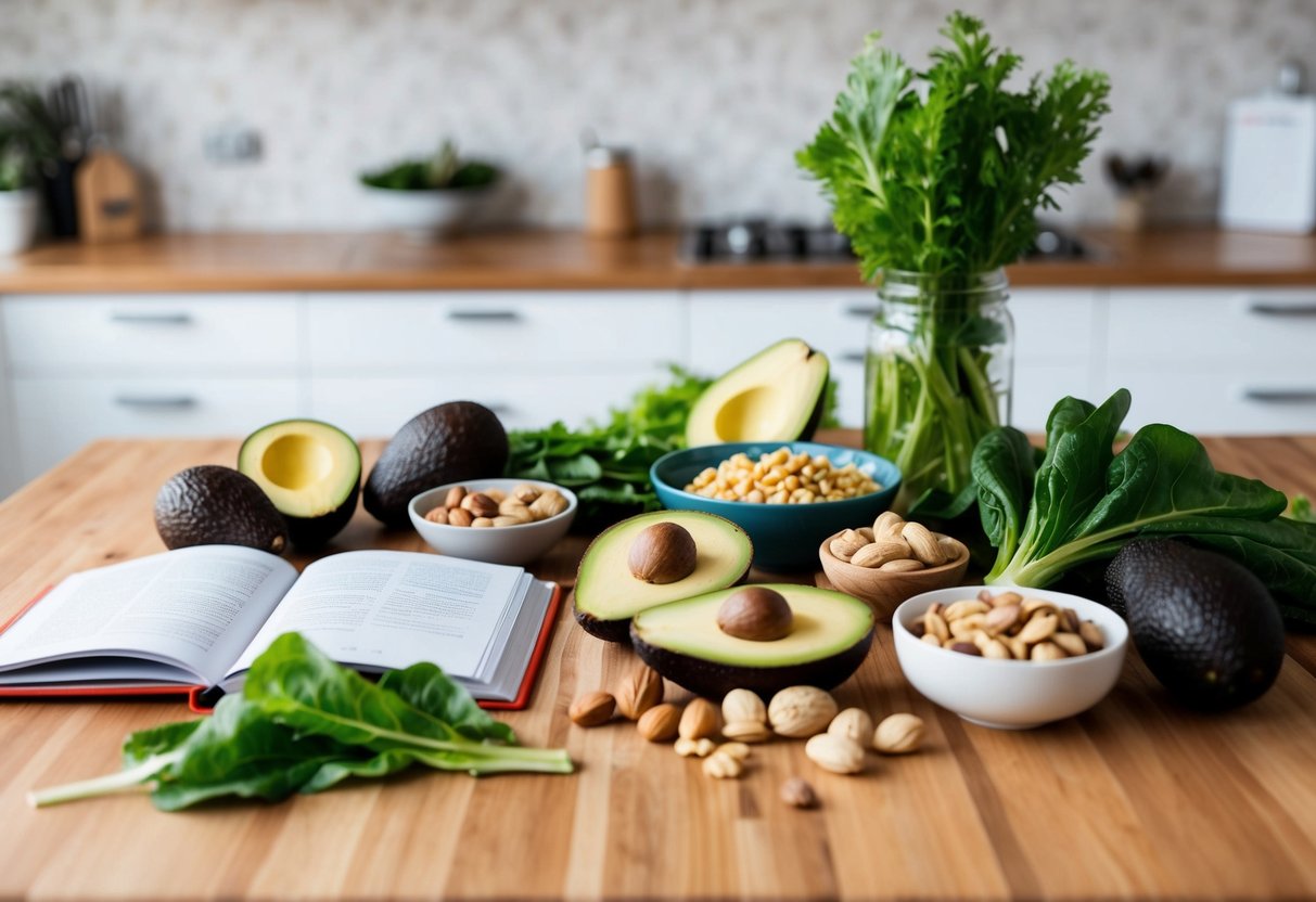 A kitchen counter with a variety of keto-friendly foods and ingredients, such as avocados, nuts, leafy greens, and lean proteins. A cookbook open to a keto recipe sits nearby