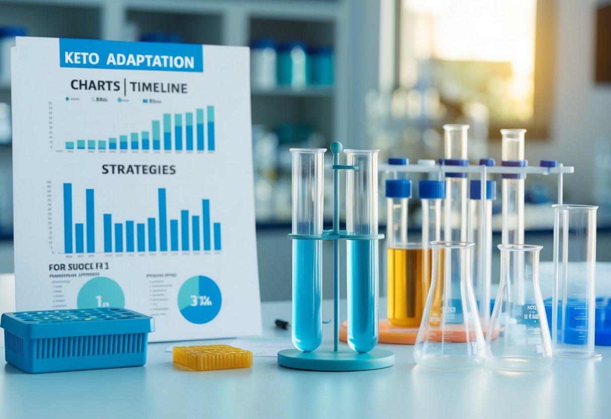 A laboratory setting with test tubes, beakers, and scientific equipment. Charts and graphs showing the timeline and strategies for success in keto adaptation