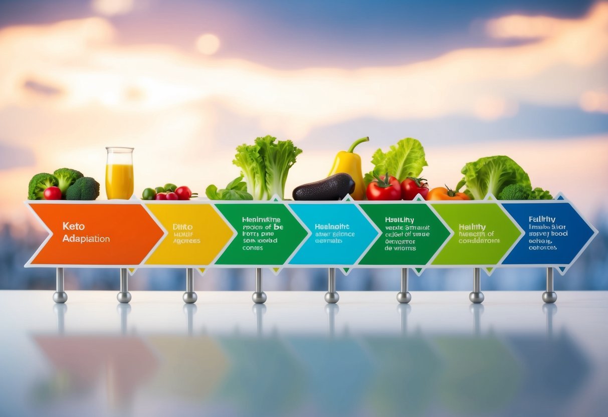 A colorful timeline graphic depicting the stages of keto adaptation time line, with healthy food choices and potential concerns surrounding the diet