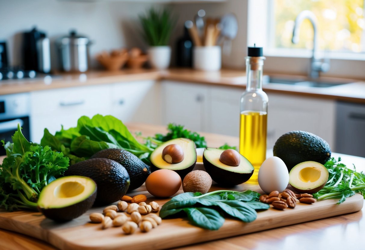 A kitchen counter with a variety of keto-friendly foods and ingredients, including avocados, leafy greens, nuts, eggs, and olive oil
