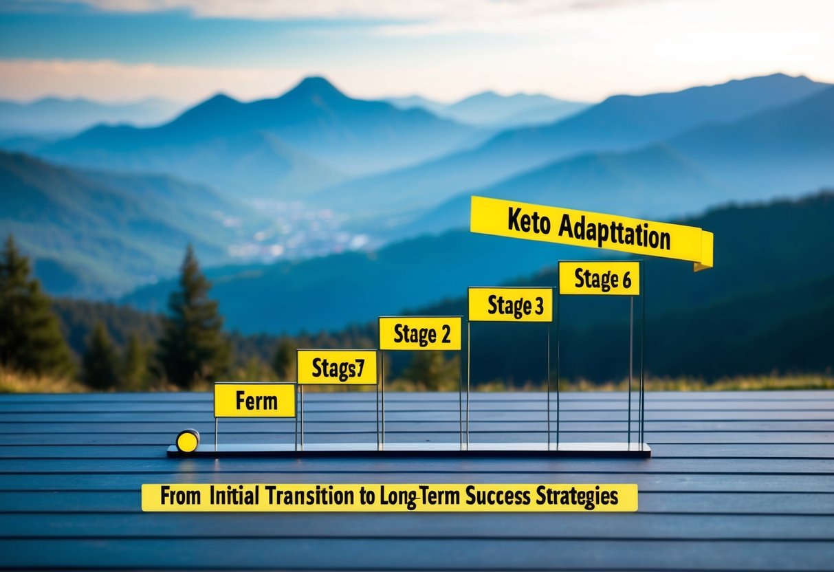 A serene, mountainous landscape with a clear stage of keto adaptation timeline, from initial transition to long-term success strategies
