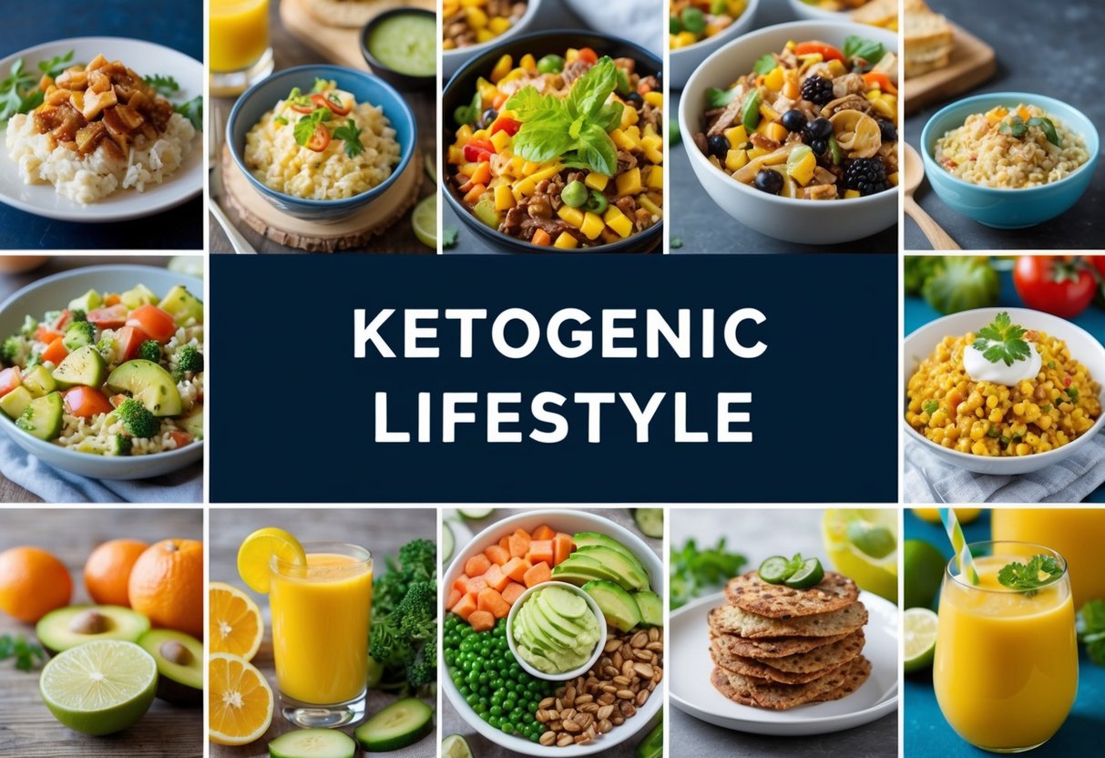 A diverse array of foods and activities, including exercise and meal planning, representing the various aspects of the ketogenic lifestyle