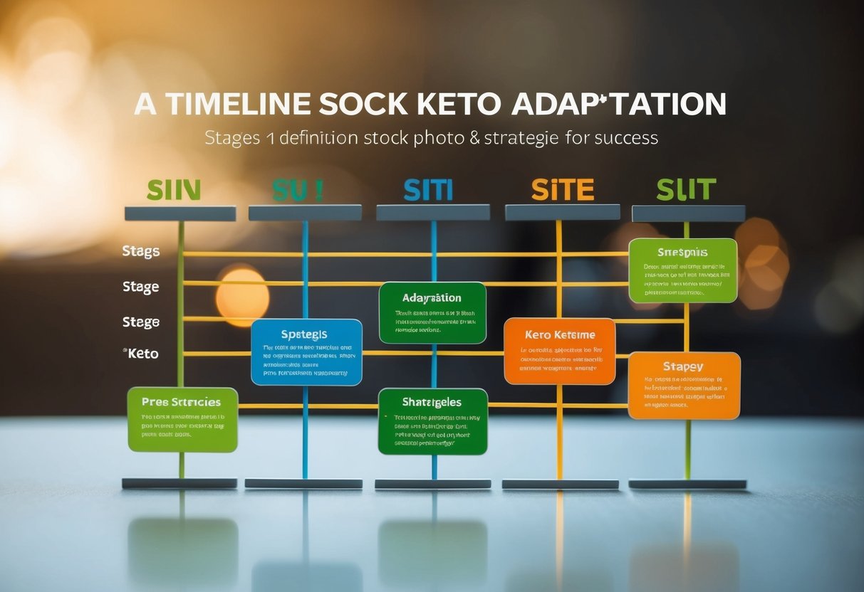 A timeline chart showing the stages of keto adaptation, with strategies listed alongside each stage for success