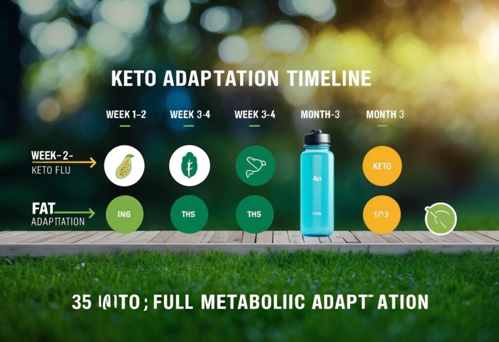 A visually engaging infographic displaying the keto adaptation timeline, with stages marked as Week 1-2 (Keto Flu), Week 3-4 (Fat Adaptation), and Month 1-3 (Full Metabolic Adaptation). The image includes icons of ketogenic foods like avocados, nuts, and salmon, along with a fitness tracker and water bottle representing hydration and exercise.