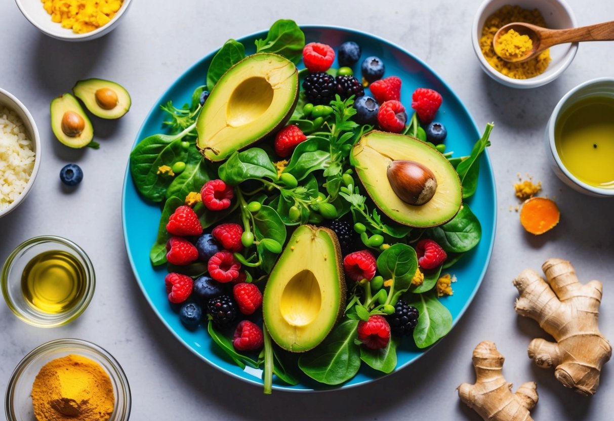 A colorful plate filled with low-carb, anti-inflammatory foods like leafy greens, avocados, berries, and lean proteins. Surrounding the plate are vibrant ingredients like turmeric, ginger, and olive oil