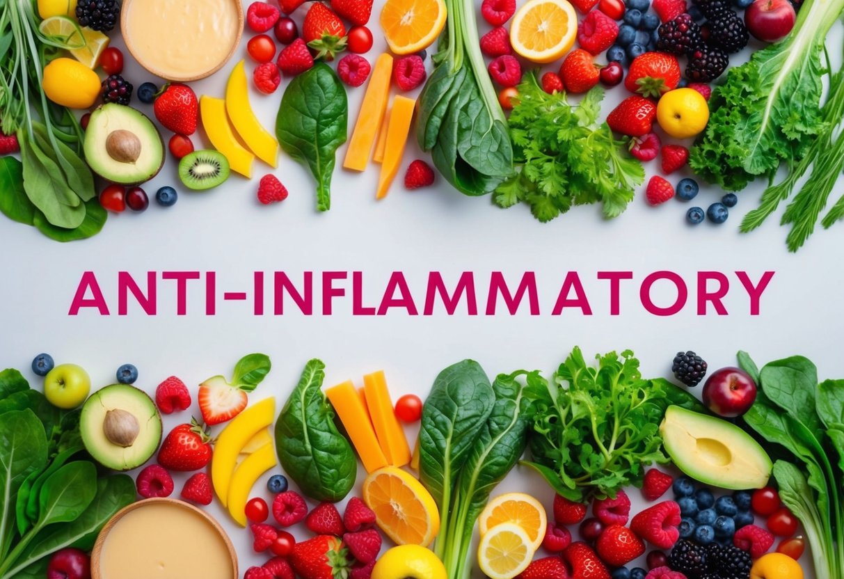 A vibrant illustration of colorful, anti-inflammatory foods arranged in a balanced composition, with a focus on low-carb options like leafy greens, berries, and healthy fats