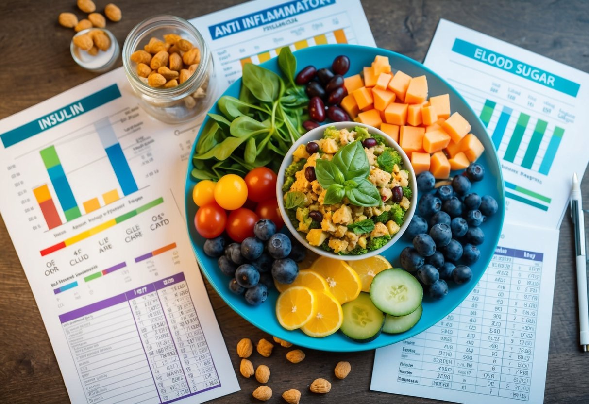 A colorful plate of low-carb, keto and anti-inflammatory foods surrounded by insulin and blood sugar level charts