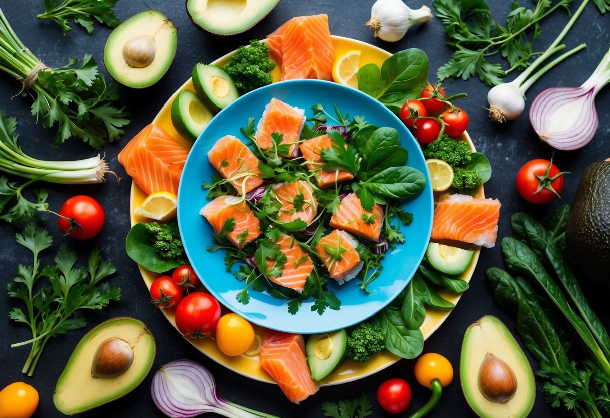A ketogenic meal with salmon, avocado, nuts, and olive oil, showcasing anti-inflammatory foods for reducing chronic inflammation with keto and inflammation support.