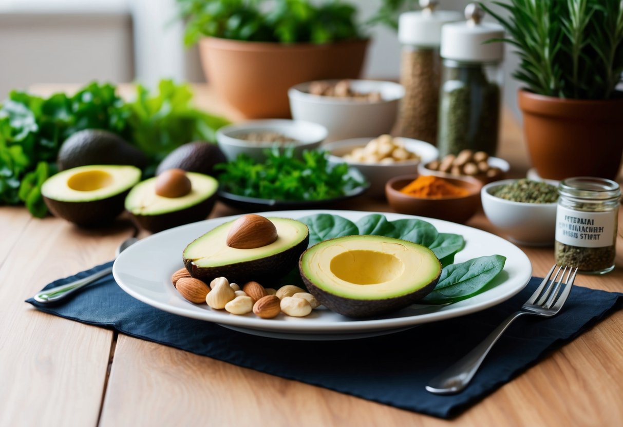 A kitchen table with a plate of low-carb, high-fat foods, such as avocados, nuts, and leafy greens, surrounded by anti-inflammatory herbs and spices