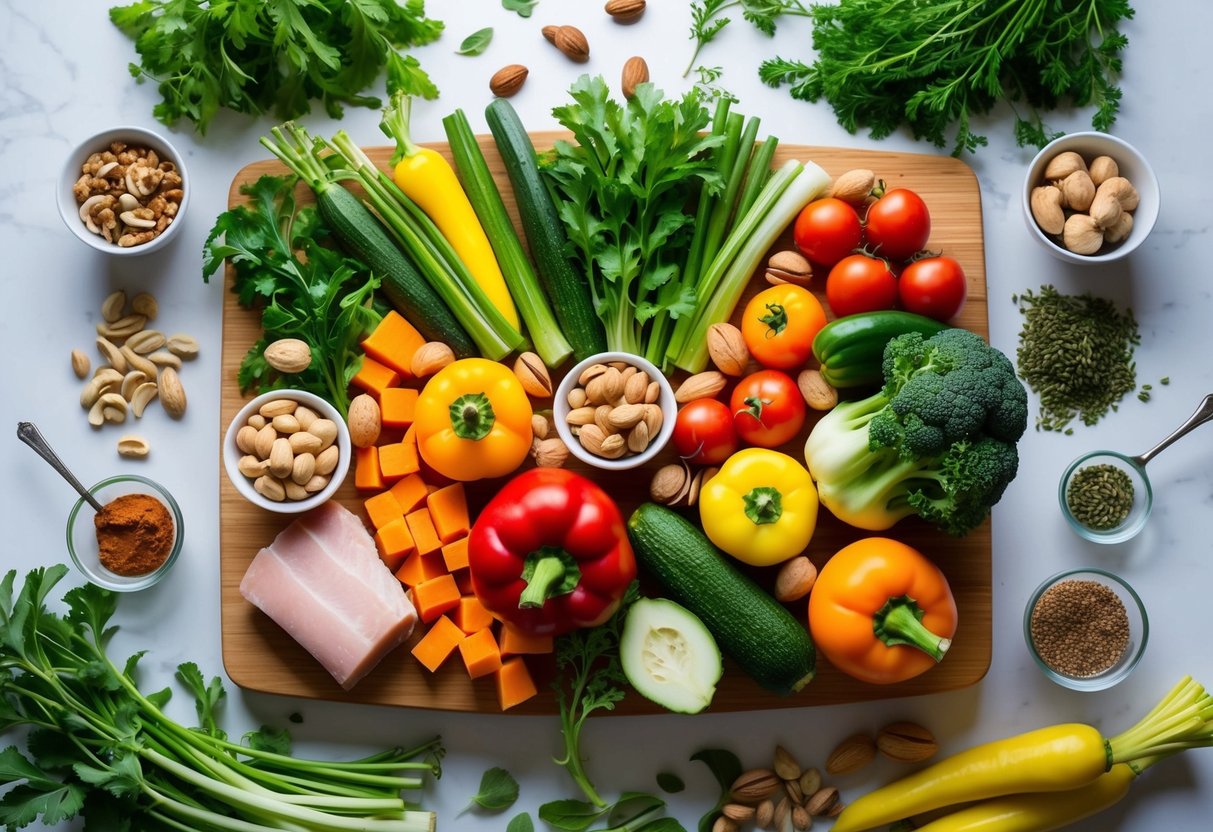 A colorful array of fresh vegetables, nuts, and lean proteins arranged on a wooden cutting board, surrounded by vibrant herbs and spices