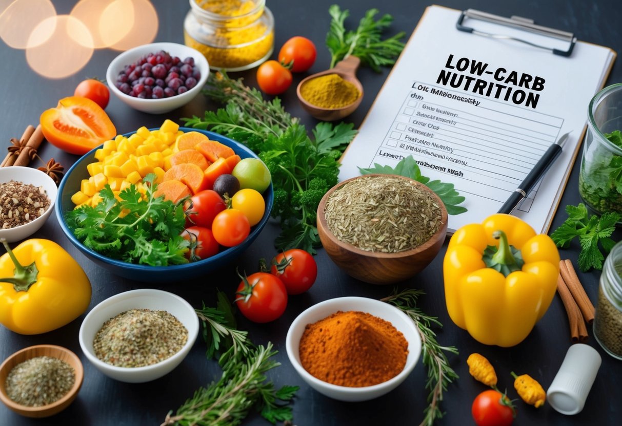 A table filled with colorful low-carb foods, surrounded by anti-inflammatory herbs and spices, with a doctor's prescription pad showing "low-carb nutrition" at the center