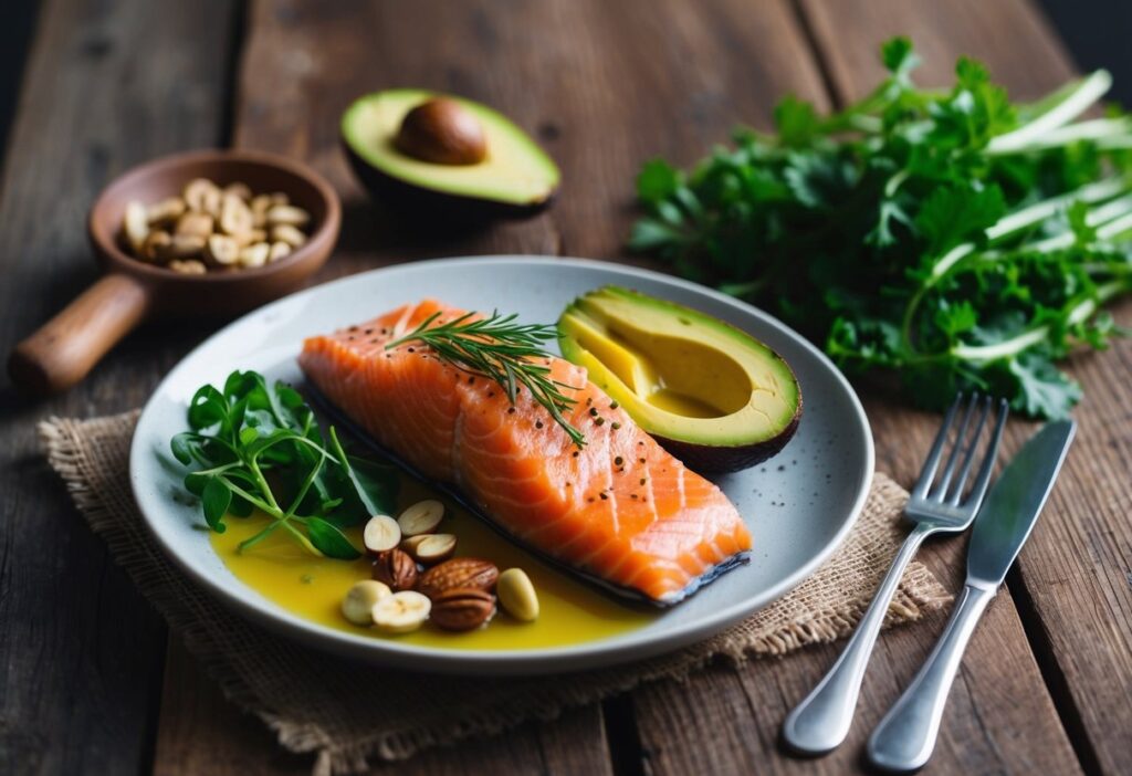 a healthy ketogenic meal on a rustic wooden table, featuring salmon, avocado, olive oil, nuts, and leafy greens. A soft natural light enhances the freshness of the ingredients.