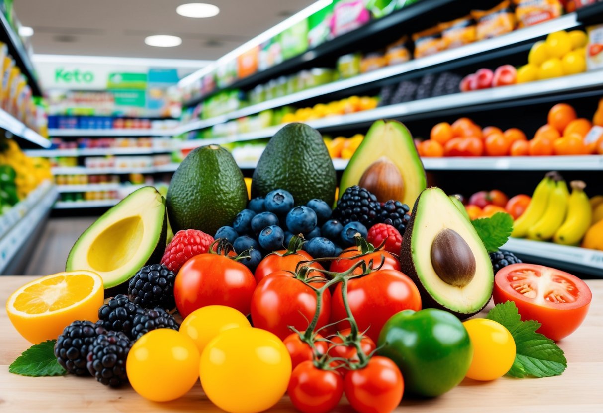 A colorful array of the best low-carb fruits for keto like berries, avocados, and tomatoes, surrounded by a selection of high-carb fruits to avoid, set against a backdrop of a keto-friendly grocery store