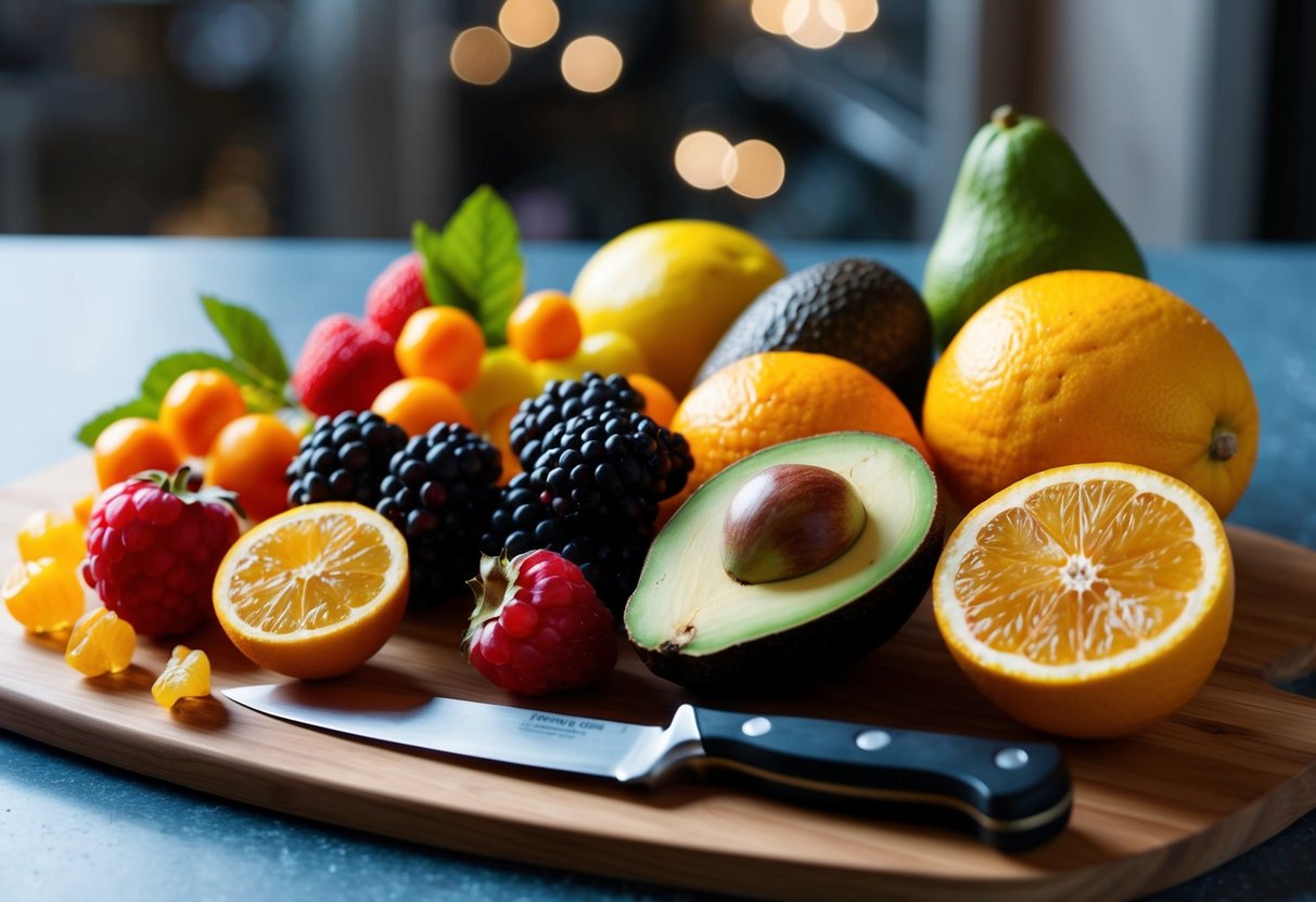 A colorful array of fruits, including berries, avocados, and citrus, arranged on a wooden cutting board with a knife beside them