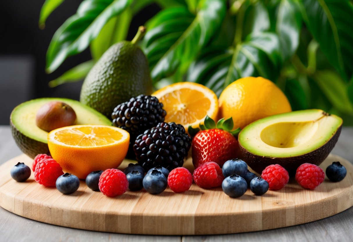 A colorful assortment of low-carb fruits, including berries, avocados, and citrus, arranged on a wooden cutting board with vibrant green leaves in the background