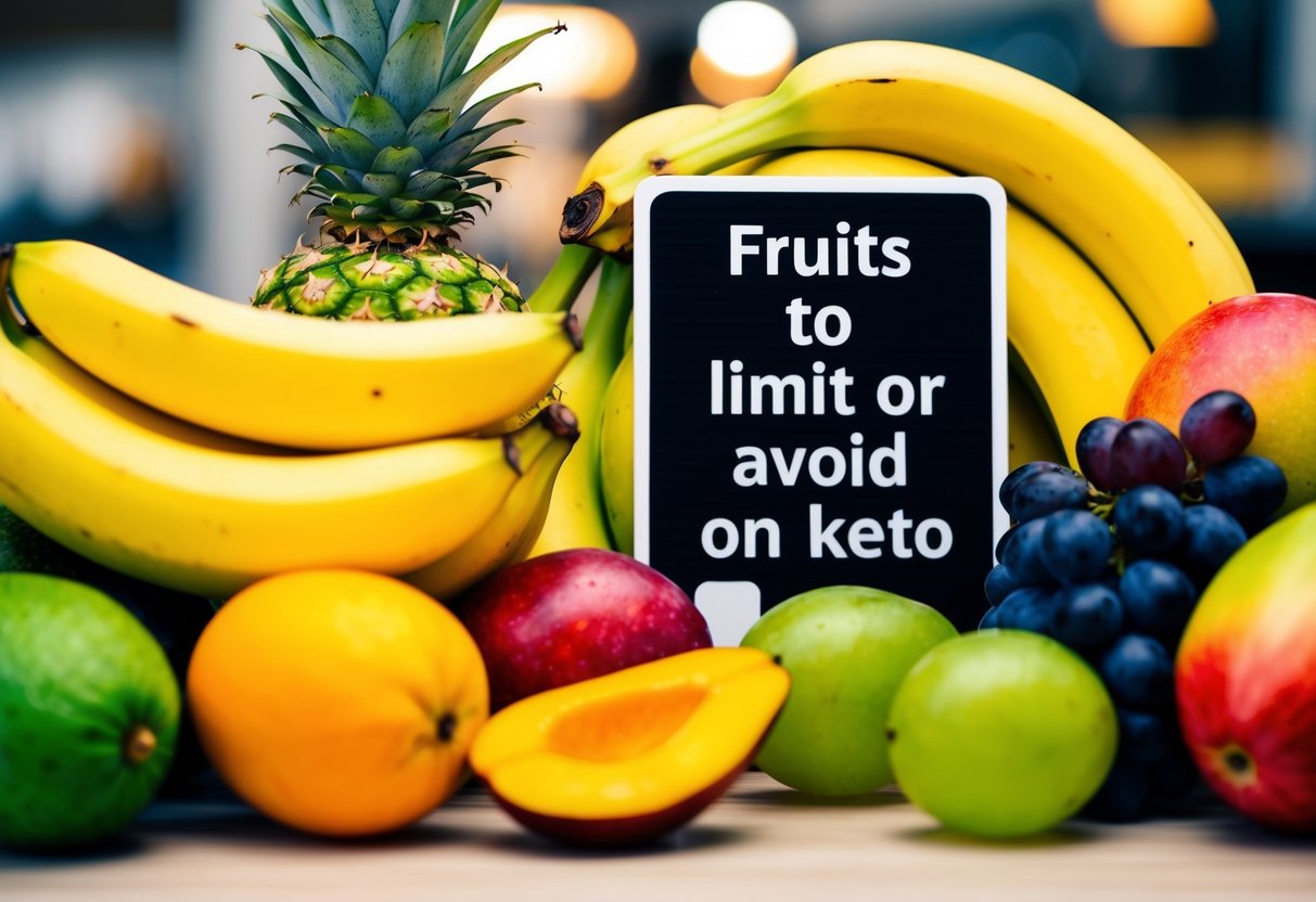 A colorful array of fruits, including bananas, grapes, and mangoes, are placed next to a sign that reads "Fruits to Limit or Avoid on Keto."