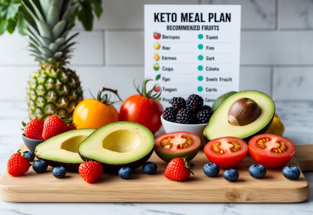A colorful array of low-carb fruits like berries, avocados, and tomatoes arranged on a wooden cutting board, with a keto meal plan and a list of recommended fruits in the background