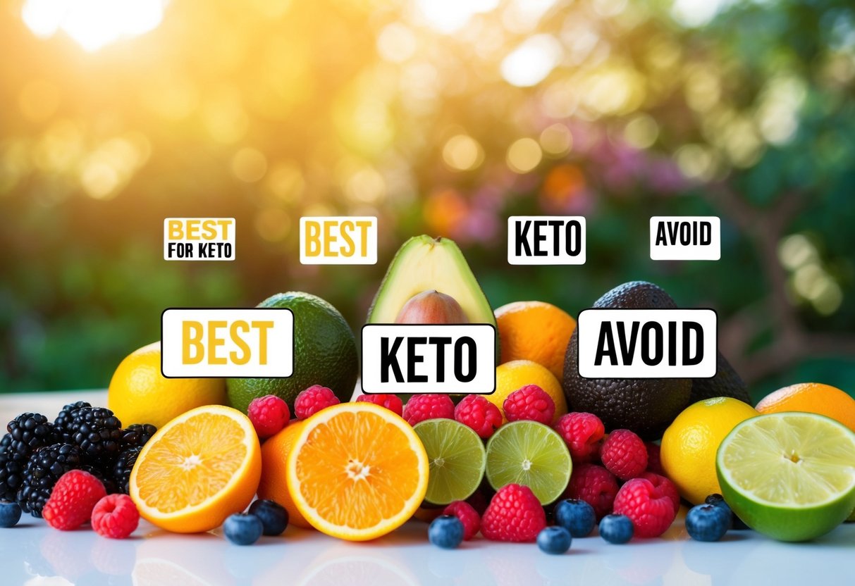 A colorful array of fruits, including berries, avocados, and citrus, displayed on a table. Some fruits are highlighted as "Best for Keto," while others are marked as "Avoid."