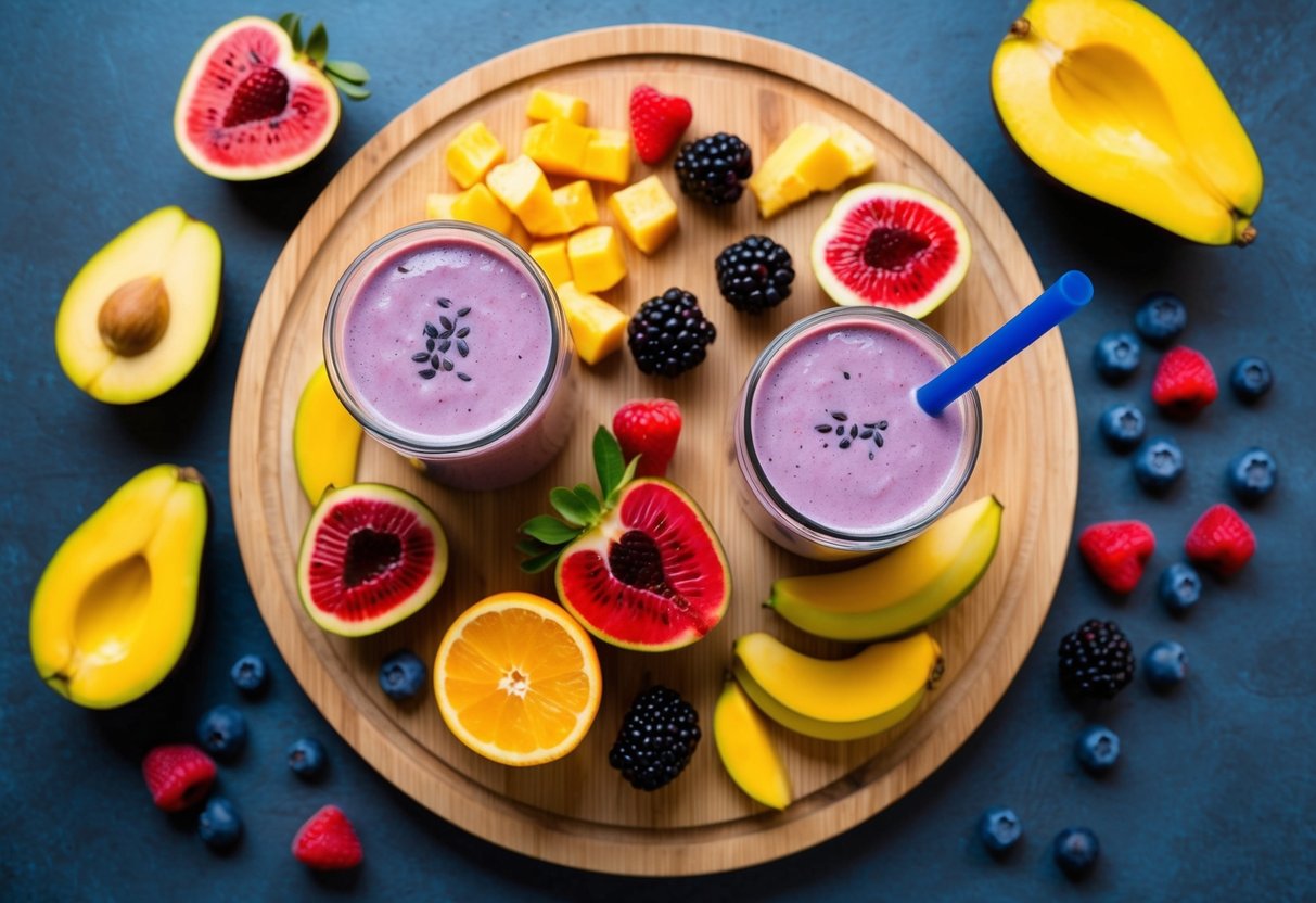 A vibrant flat-lay of keto-friendly fruits like avocados, raspberries, strawberries, blackberries, and coconut on a wooden board. A small dish of blueberries is placed next to a keto smoothie in a glass jar.