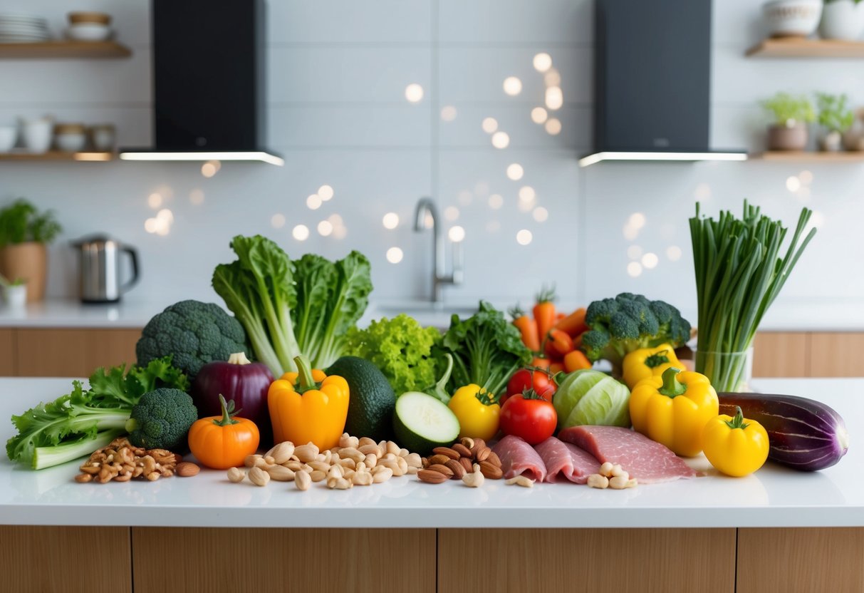 A colorful array of fresh vegetables, nuts, and lean meats arranged on a clean, modern kitchen counter