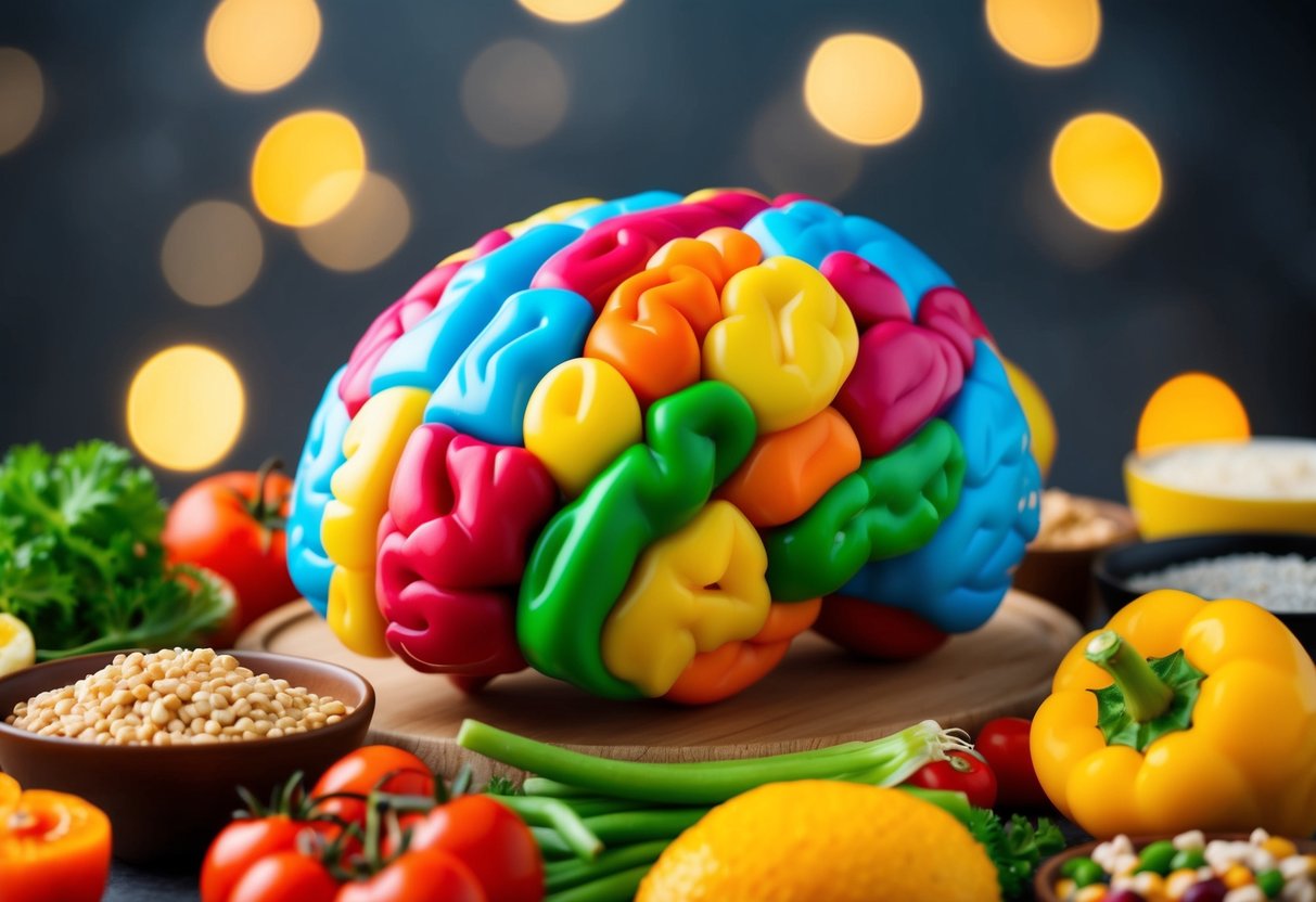 A colorful brain surrounded by various foods, representing the cognitive benefits of keto diet