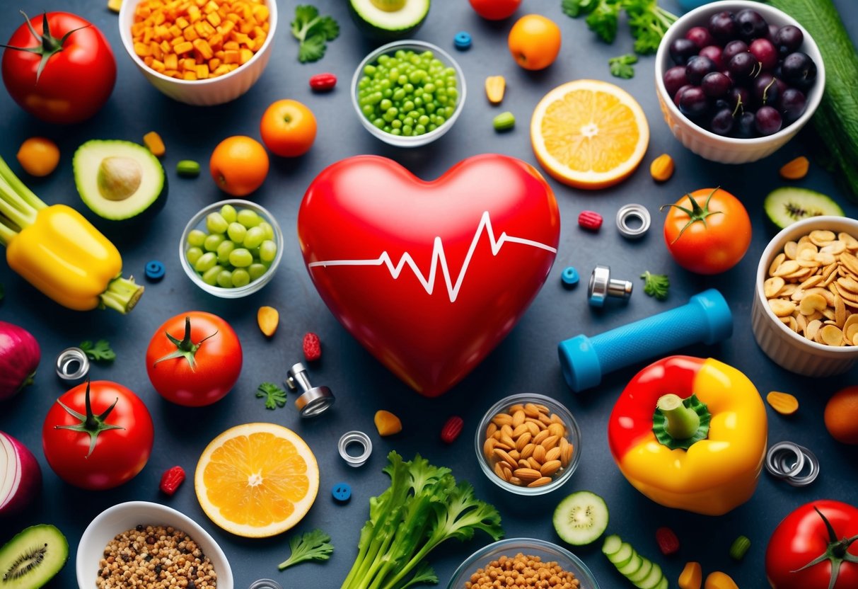 A vibrant heart surrounded by various healthy foods and exercise equipment, symbolizing the unexpected benefits of keto on cardiovascular health
