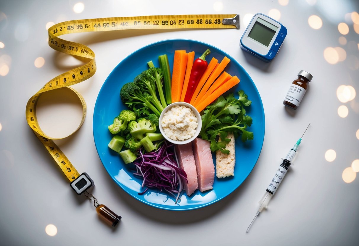 A colorful plate filled with low-carb vegetables, lean protein, and healthy fats, surrounded by a measuring tape, blood sugar monitor, and insulin vial