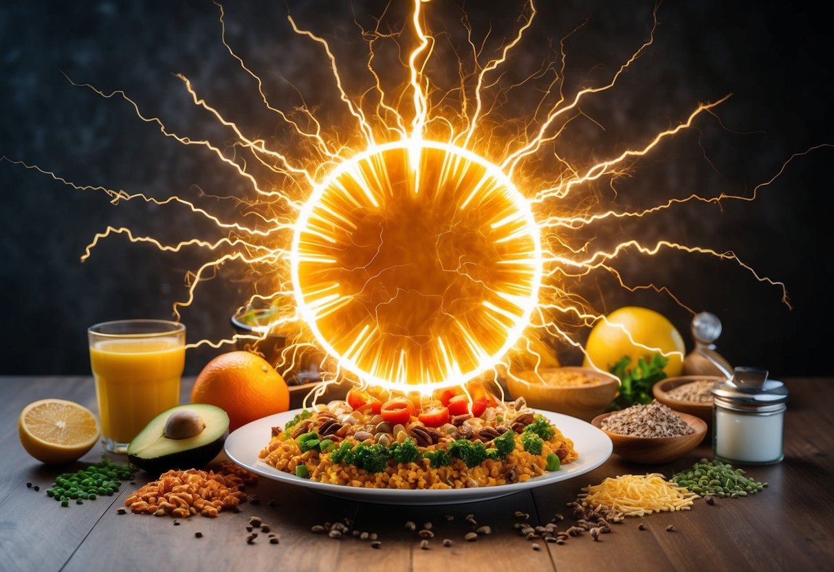 A vibrant, electrifying energy burst emanating from a keto-friendly food spread, surrounded by symbols of endurance and vitality