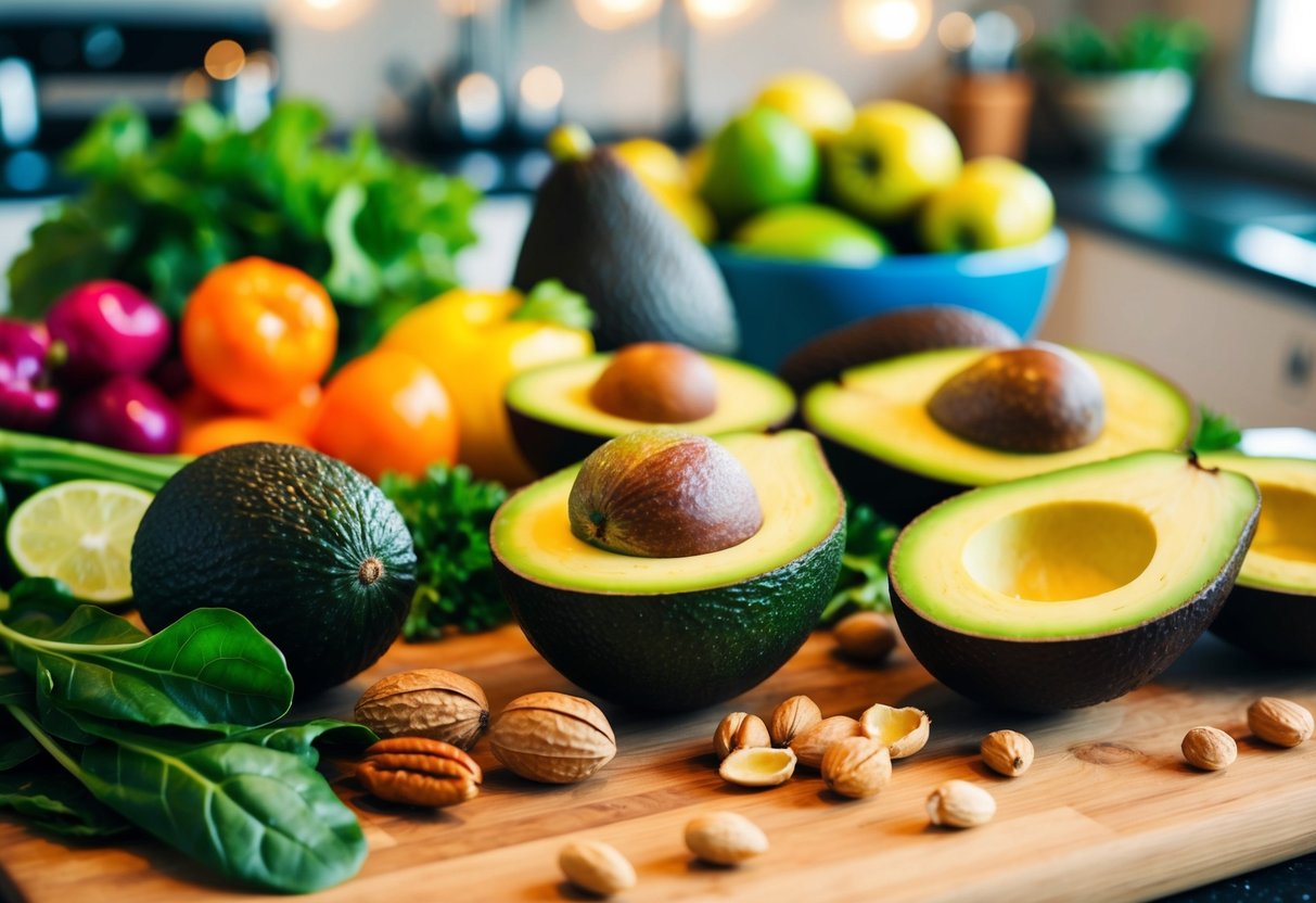 A vibrant, colorful kitchen scene with a variety of fresh, whole foods, including avocados, nuts, and leafy greens, arranged on a wooden cutting board