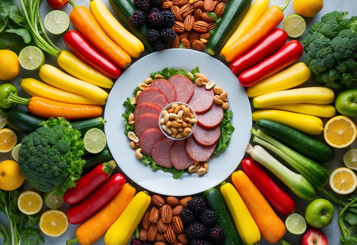 A colorful array of fresh fruits and vegetables arranged around a central plate of lean meats and nuts, with a clear focus on healthy, keto-friendly options