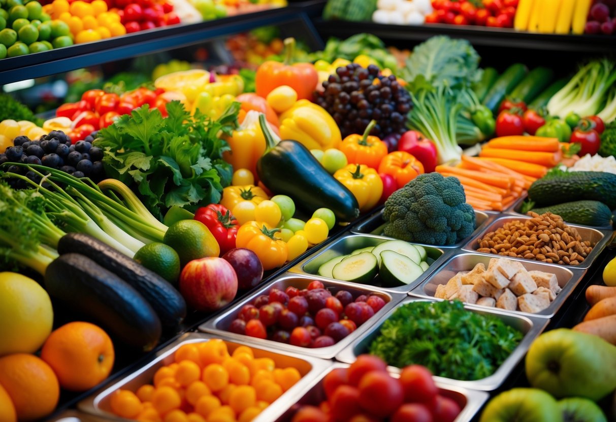 A vibrant assortment of colorful fruits and vegetables, along with a variety of healthy fats and proteins, arranged in an appealing and appetizing display