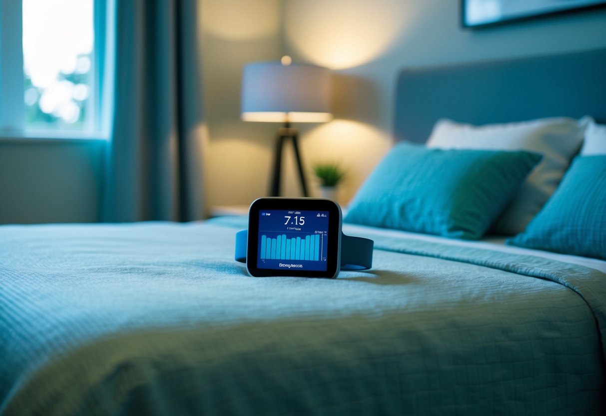 A serene bedroom with a cozy bed, a calming color palette, and dim lighting. A sleep tracker displays deep, restful sleep patterns